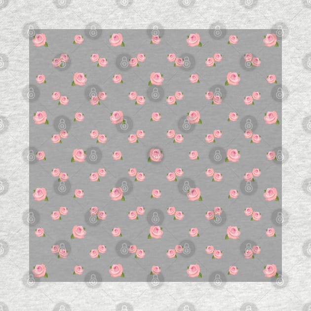 Pink Rose Illustrative Pattern on Gray by NataliePaskell